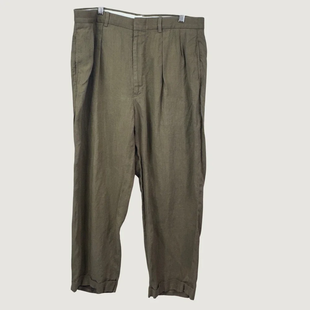 Polo Ralph Lauren Pants 32x26 Brown/Green Pleated 100% Linen Cuffed Old Money